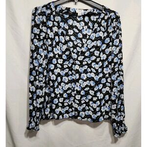 J. Crew Floral Print Long‎ Sleeve V-Neck Button Down Blouse Blue White Size 12